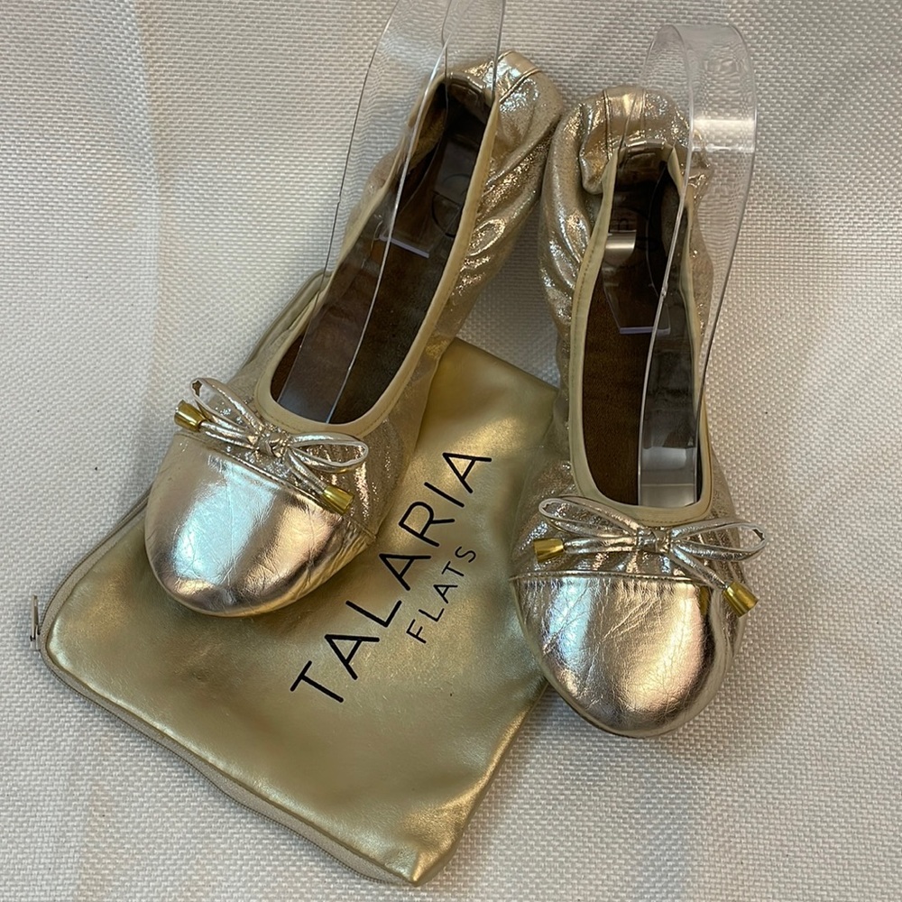 Talaria Metallic Gold Ballet Flats with Travel Bag Size 6